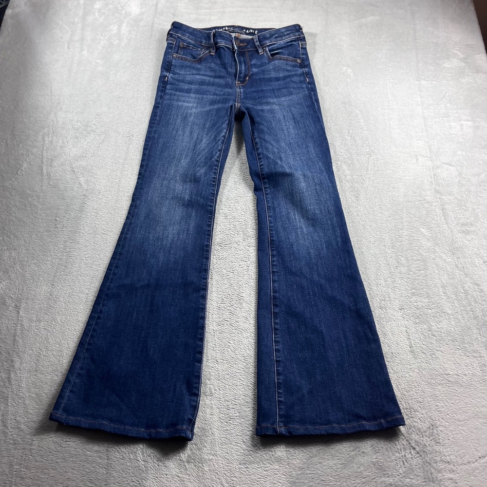 American Eagle Low Rise Flare Jeans Womens 0 Short Next Level Stretch Dark Wash